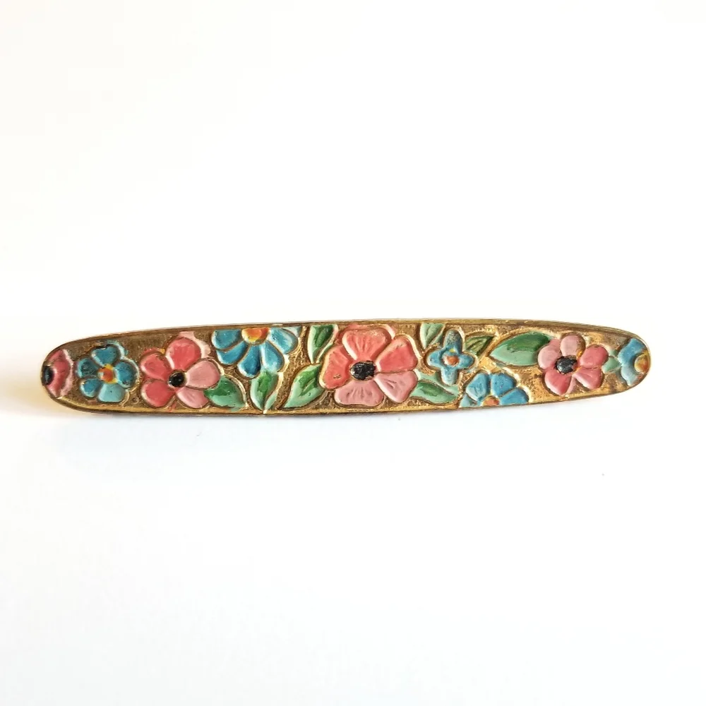 Vintage enamel flowers bar pin pink gold tone brooch floral